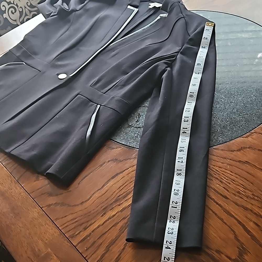 Anne Klein Black Knit Faux Leather Trim Stretch One Button Blazer Size M… - Picture 15 of 16